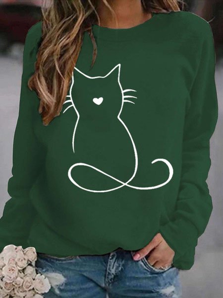 

Crew Neck Loose Cat Casual Sweatshirt, Green, Hoodies&Sweatshirts