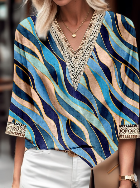 

Casual Geometric V Neck Lace Shirt, Blue, Shirts & Blouses