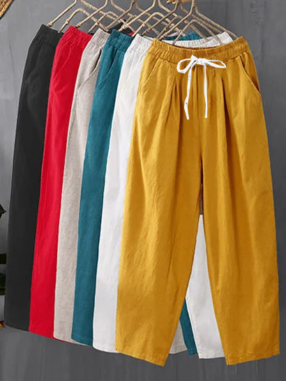

Casual Plain Loose Cotton Pants, White, Pants