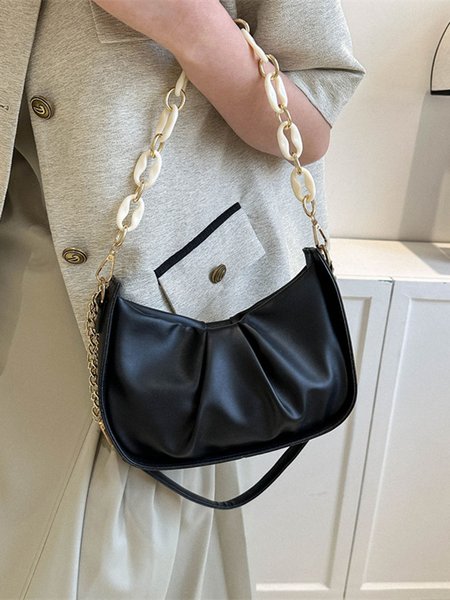 

Leather Ruffles Pearl Chain Cloud Bag, Black, Women's Bags