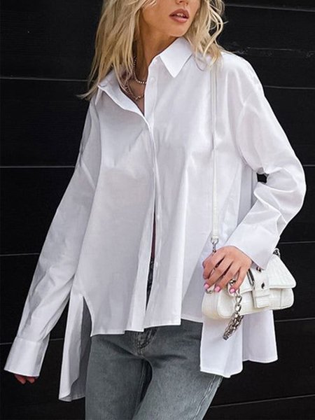 Plain Shirt Collar Loose Urban Blouse, White, Blouses and Shirts