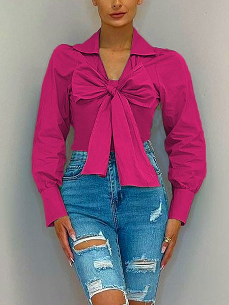 

Shirt Collar Elegant Regular Fit Plain Long Sleeve Blouse, Deep pink, Blouses and Shirts