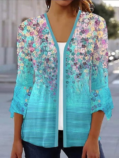 

Gradient Pattern Loose Casual V Neck Kimono, Blue, Cardigans