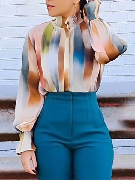 

Regular Fit Abstract Urban Stand Collar Shirt, As picture, Blouses and Shirts