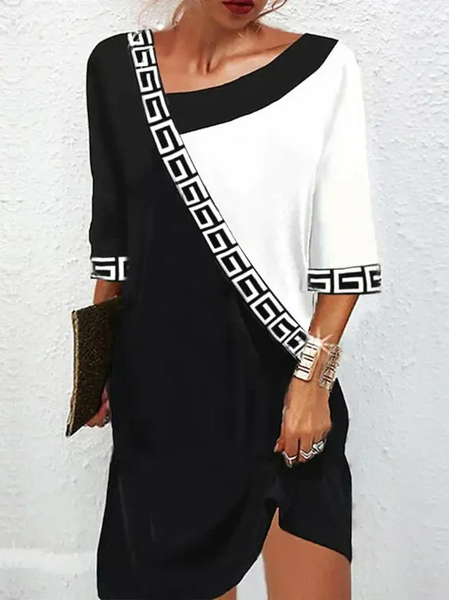

Asymmetrical Color Block Casual Dress, Black-white, Dresses