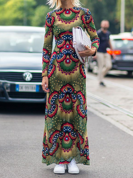 

Regular Fit High Elasticity Abstract Elegant Crew Neck Long Sleeve Maxi Dress, As picture, Maxi Dresses