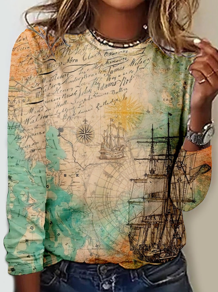 

Women's Vintage Old Map Print Casual Shirt, Khaki, Long sleeves