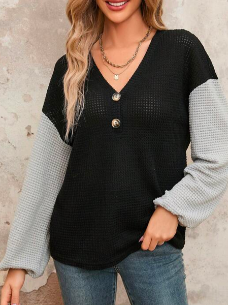 

Loose V Neck Casual Colorblock Drop Shoulder Half Button Sweatshirt, Black, Sweatshirts & Hoodies