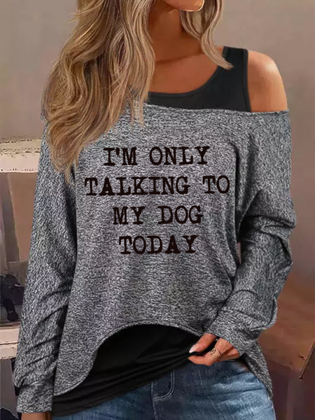 

Women's Only Talk To My Dog Casual 2Pcs Batwing Sleeve Blouse And Tank Set, Deep gray, Long sleeves