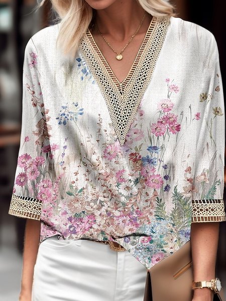 

V Neck Loose Floral Casual Shirt, Pink, Shirts & Blouses