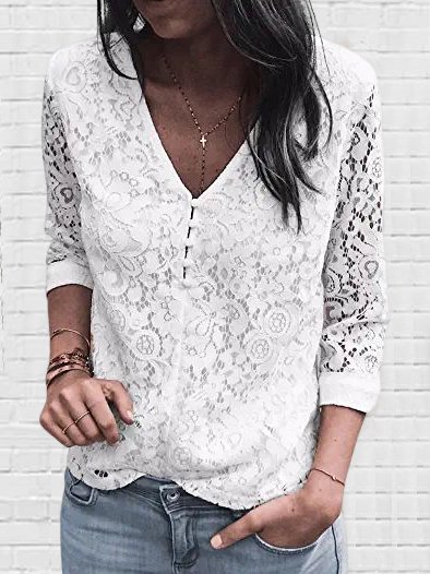 

Loose V Neck Casual Plain Lace Shirt, White, Shirts & Blouses