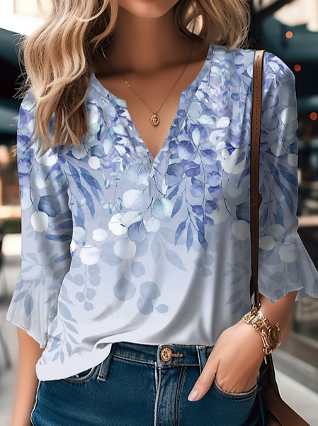 

Casual Floral Loose V Neck T-Shirt, Light blue, T-Shirts