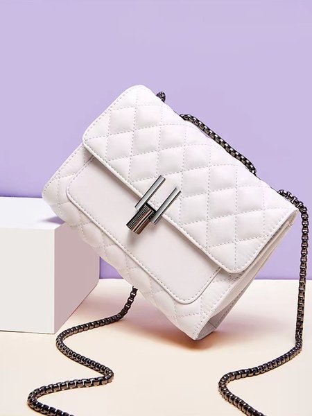 

Check Embossed Metal Snap Buckle Urban Chain Small Square Bag, White, Women's Bags