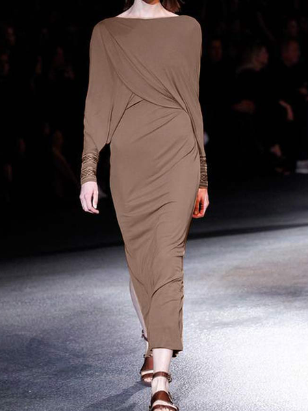 

Regular Fit High Elasticity Crew Neck Long sleeve Urban Maxi Dress, Brown, Maxi Dresses