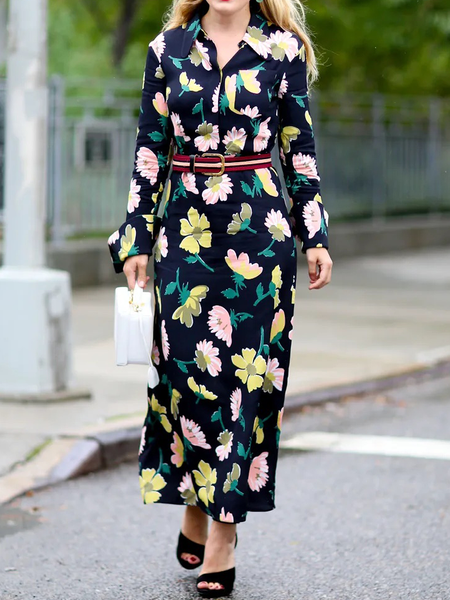 

Shirt Collar Long Sleeve Floral Elegant Regular Fit Maxi Dress With No, As picture, Maxi Dresses