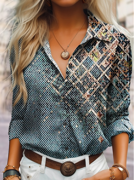 

Casual Shirt Collar Loose Abstract Blouse, Green, Shirts & Blouses