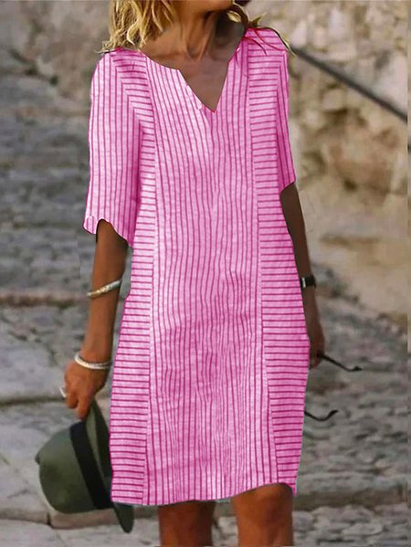 

Women's 3/4 Sleeve Summer Gray Striped V Neck Daily Going Out Casual Midi H-Line Shift Dress, Deep pink, Dresses