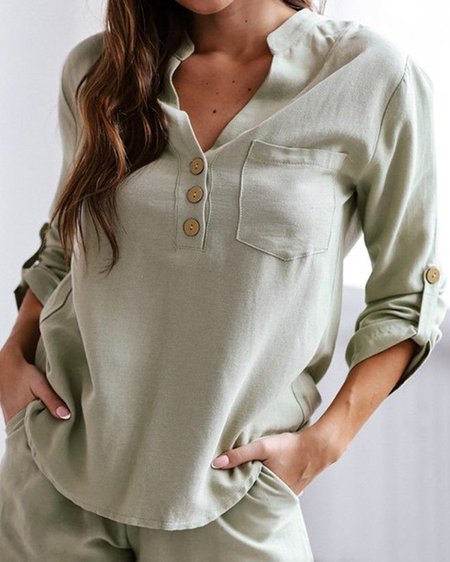 

Casual Buttoned Plain V Neck Blouse, Army green, Shirts & Blouses