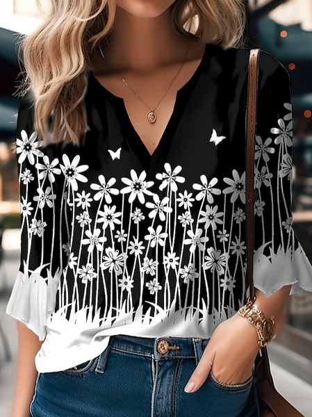 

Floral Casual V Neck T-Shirt, Black, T-Shirts