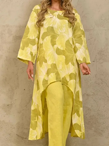 

Loose Floral Crew Neck Long Sleeve Urban Mid-long Shirt, Yellow, Blouses and Shirts