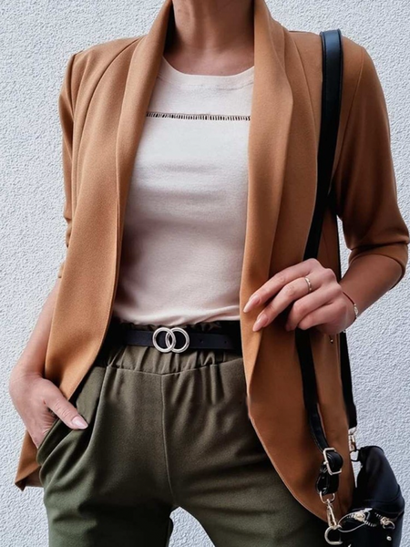 

Loose Plain Shawl Collar Long Sleeve Urban Kimono, Brown, Kimonos
