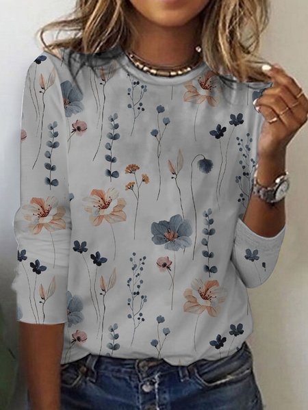 

Casual Floral Loose Knitted T-Shirt, Light gray, T-Shirts
