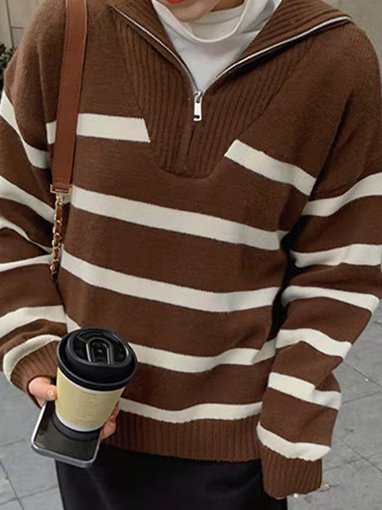 

Women Casual Striped Pattern Zip-Up Sweater Fall Winter Sweater, Coffee, Sweaters