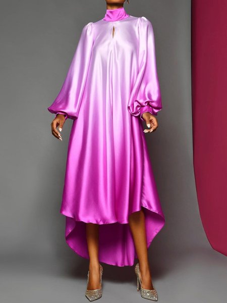 

Elegant Stand Collar Lantern Sleeve Loose Ombre Dress, Rose red, Maxi Dresses