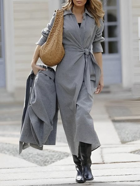 

Long Sleeve Regular Fit Urban Shirt Collar Dress, Gray, Maxi Dresses