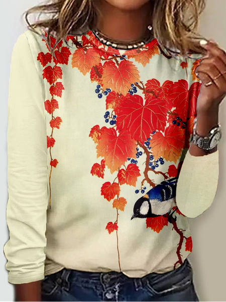 

Women‘s Casual Autumn Maple Leaf Bird Art Print Shirt, As picture, Long sleeves