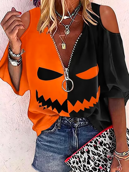 

V Neck Casual Halloween Loose Shirt, Orange, Shirts & Blouses