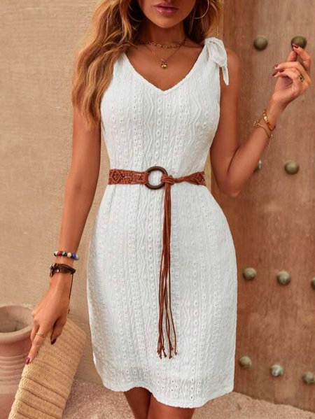 

Cotton V Neck Elegant Loose Tie Shoulder Solid Tank Dress Without Belt, White, Dresses