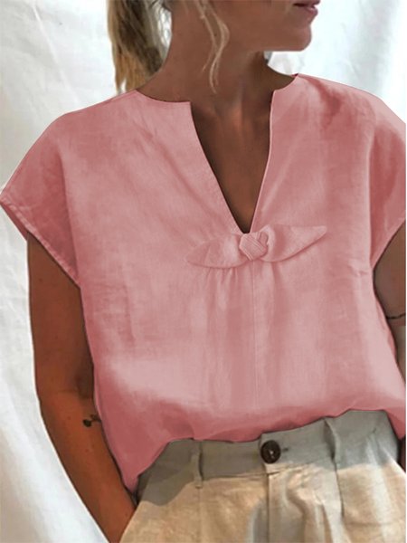 Simple Loose V Neck Bow Plain Shirt, Pink, Blouses