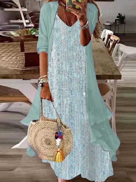 

V Neck Loose Casual Two-Piece Set, Mint, Suit Set