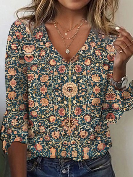 

Loose Ethnic V Neck Casual T-Shirt, Green, T-Shirts