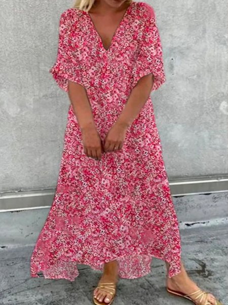 

Loose Casual V Neck Floral Dress, Pink, Dresses