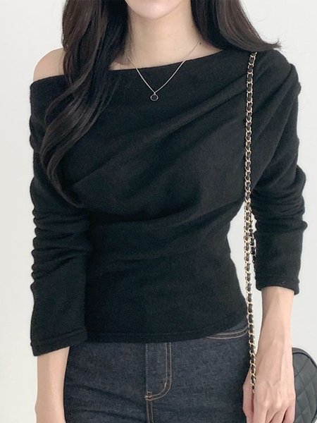 

Urban Boat Neck Plain Long Sleeve T-Shirt, Black, Tees
