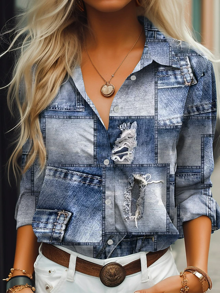 

Denim Patch Print Loose Casual Shirt, Blue, Shirts & Blouses