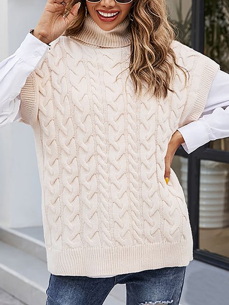 

Women's Casual Solid Color Turtleneck Simple Basic Wool Vest Autumn Winter Sweater, Apricot, Sweaters