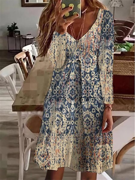 

V Neck Loose Ethnic Casual Dress, Dark blue, Dresses