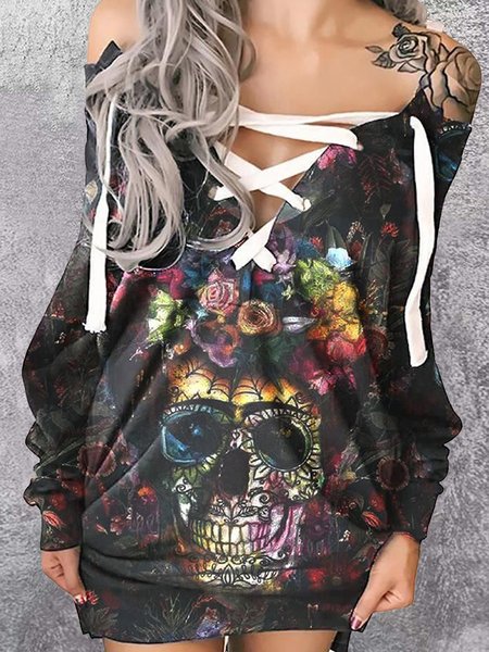 

Skull V Neck Casual Loose Dress With No, Multicolor, Dresses