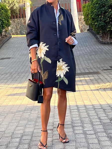

Loose Long Sleeve Urban Floral Others Mid-long Jacket, Navyblue, Jackets