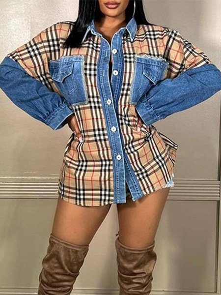 

Plaid Regular Fit Shirt Collar Urban Long Sleeve Blouse, As picture, Blouses and Shirts