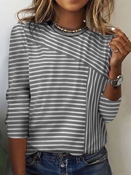 

Loose Knitted Casual Striped T-Shirt, Gray, T-Shirts
