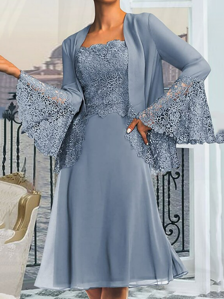 

Plain Elegant Lace Loose Two-Piece Set, Blue, Party Dresses