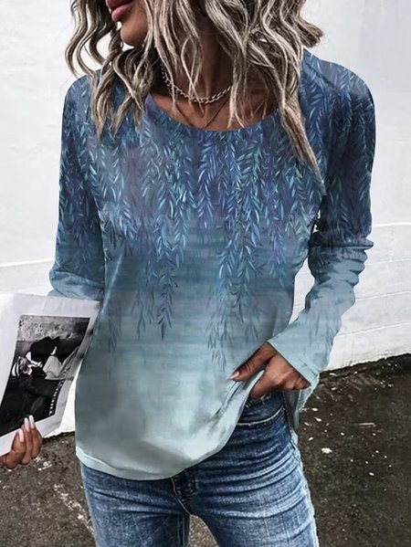 Casual Floral Crew Neck T-Shirt, Blue, T-Shirts