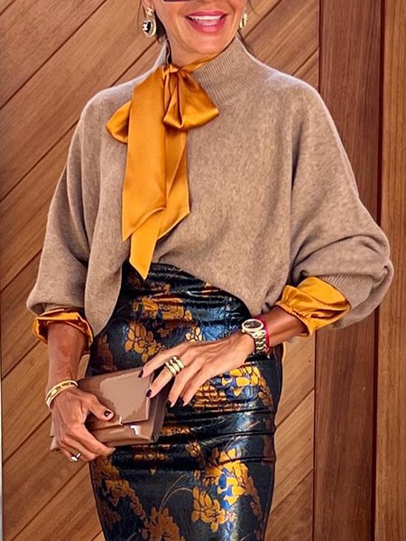 

Elegant Half Turtleneck Plain Long Sleeve Loosen Sweater, Apricot, Pullovers