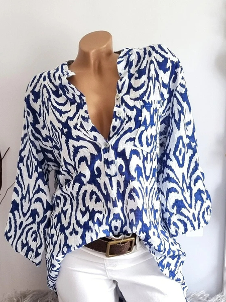 

Loose Casual Ethnic V Neck Shirt, Blue, Shirts & Blouses
