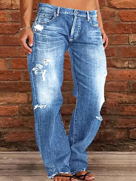 

Loose Plain Casual Denim Jeans, Blue, Jeans