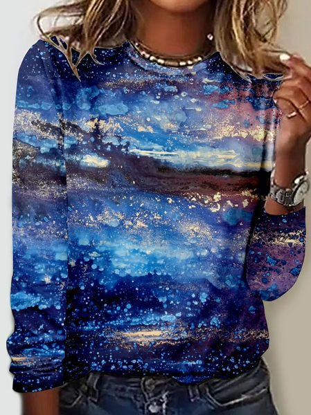 

Women's Casual Art Print Crew Neck Shirt, Blue, Long sleeves